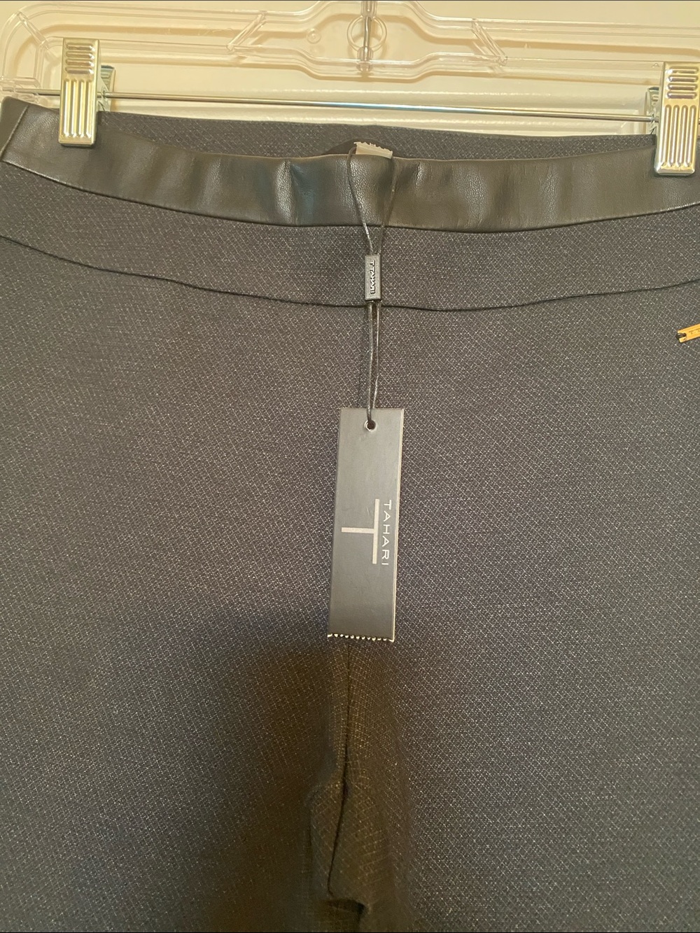 Tahari Black Textured Ponte Pants with Faux Leather Waistband